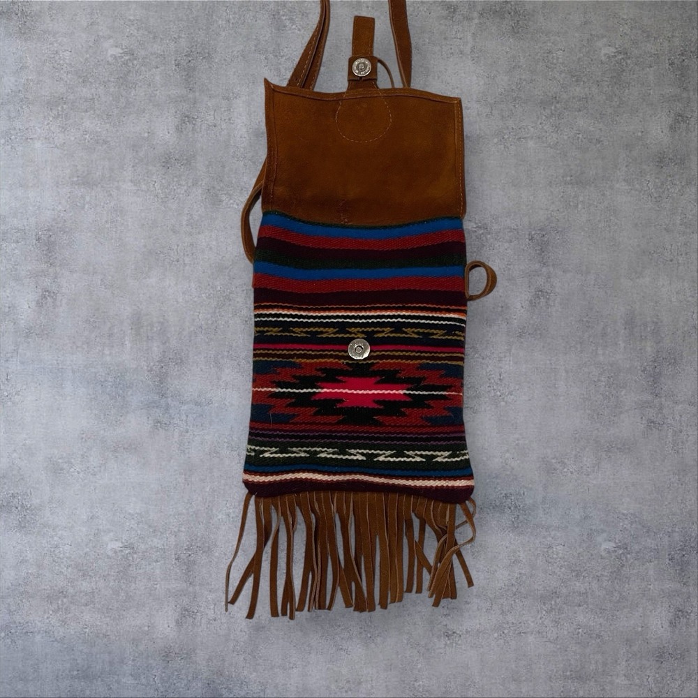 Wool And Leather Crossbody Blanket Shoulder Bag Aztec Southwestern Fringe Boho - Picture 3 of 8